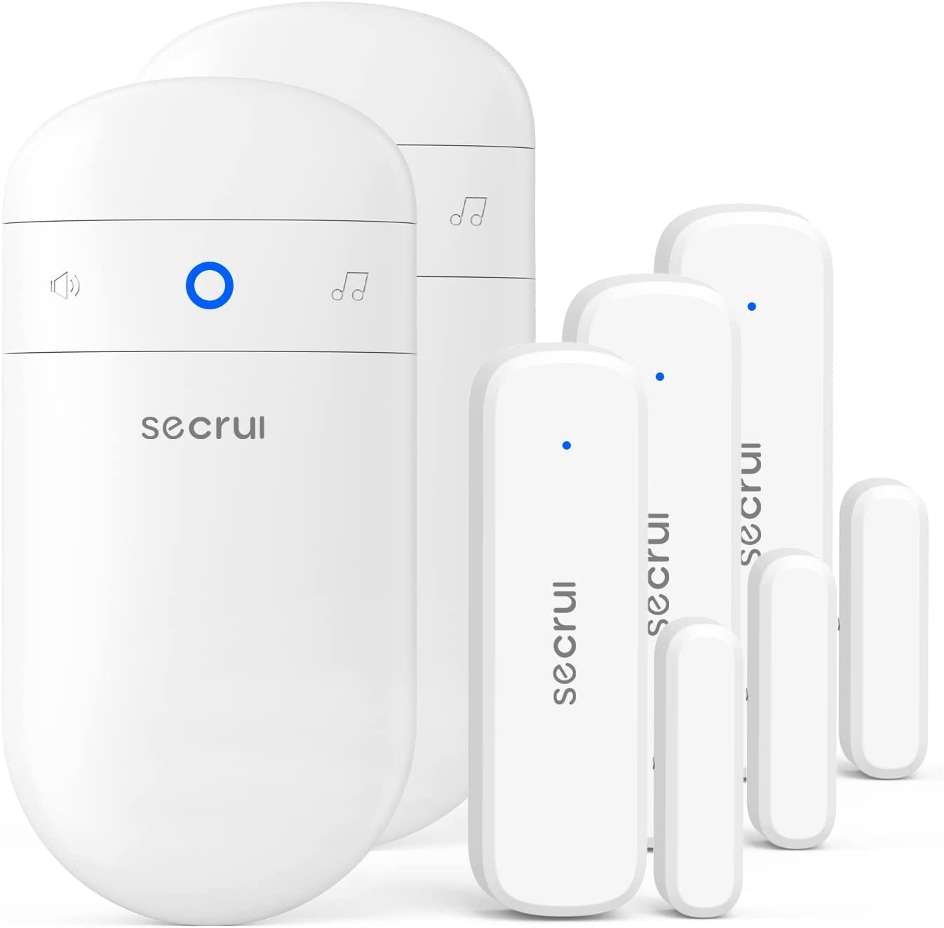SECRUI door chime and alarm system mounted on a door frame, home security device with alert sensors and control panel.