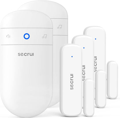 SECRUI door chime and alarm system mounted on a door frame, home security device with alert sensors and control panel.