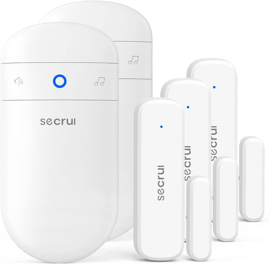SECRUI door chime and alarm system mounted on a door frame, home security device with alert sensors and control panel.