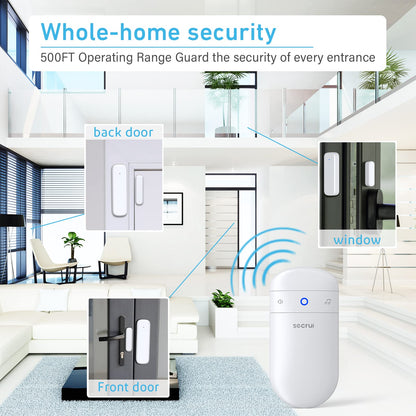 SECRUI home door chime and alarm system with front door sensor and wireless receiver, designed for home security.