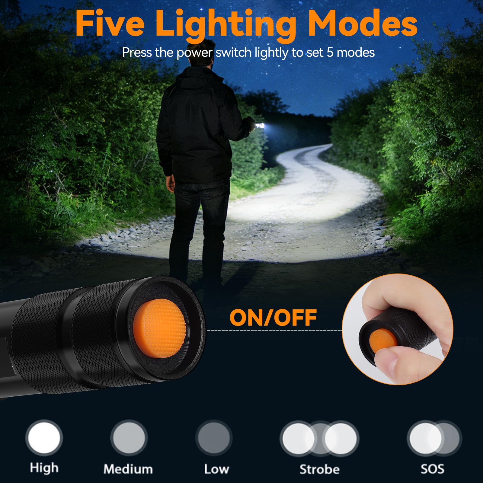 Pair of BESTSUN LED flashlights with high lumens, compact size, and five lighting modes, ideal for outdoor or emergency use.