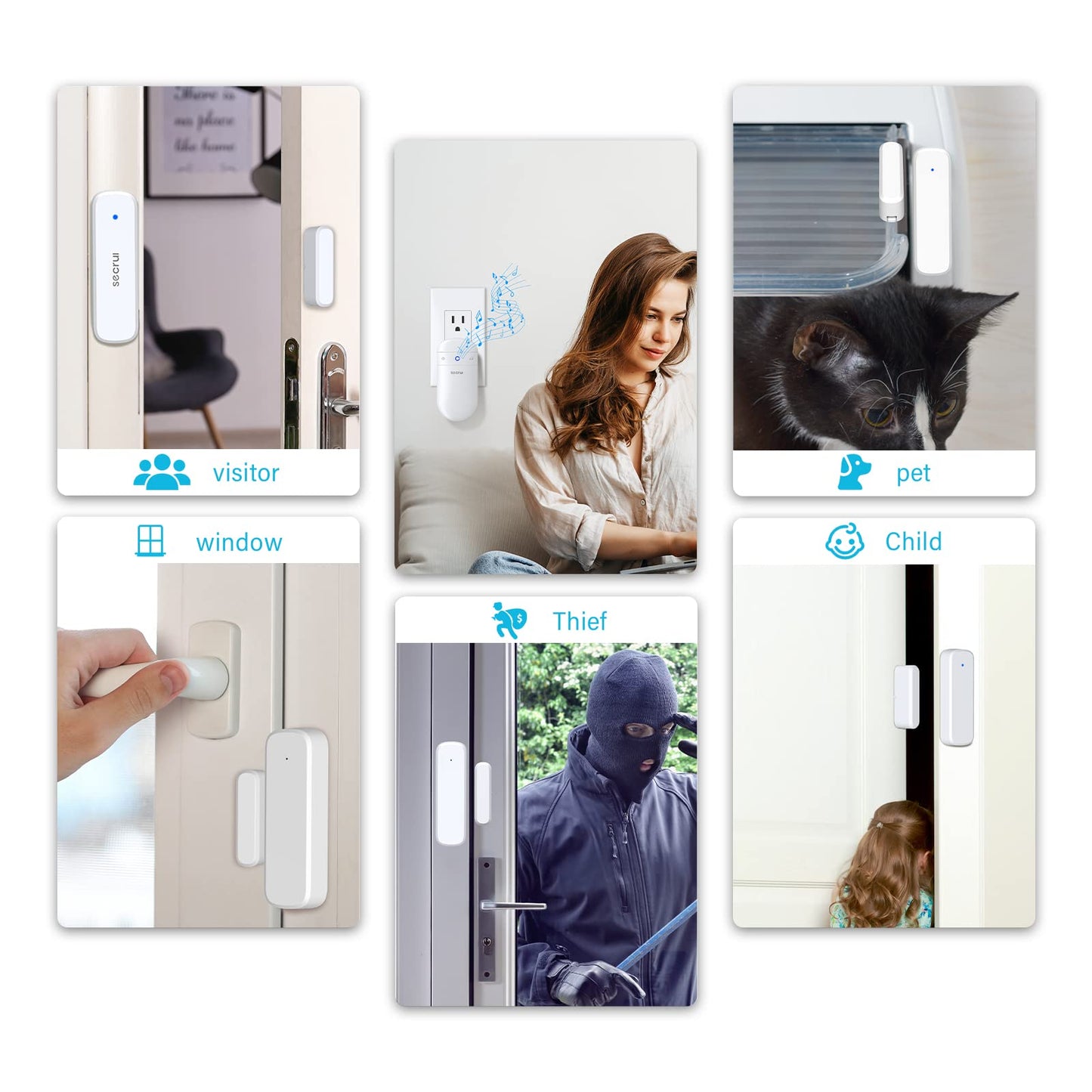 SECRUI door chime and alarm system for home security, showing the device mounted near a doorway with control buttons visible.