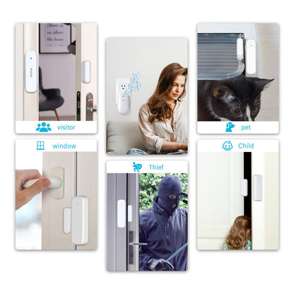 SECRUI door chime and alarm system for home security, showing the device mounted near a doorway with control buttons visible.