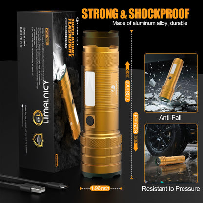 Limalnicy rechargeable flashlight with high lumens, long-lasting battery, four light modes, and a durable handheld design.