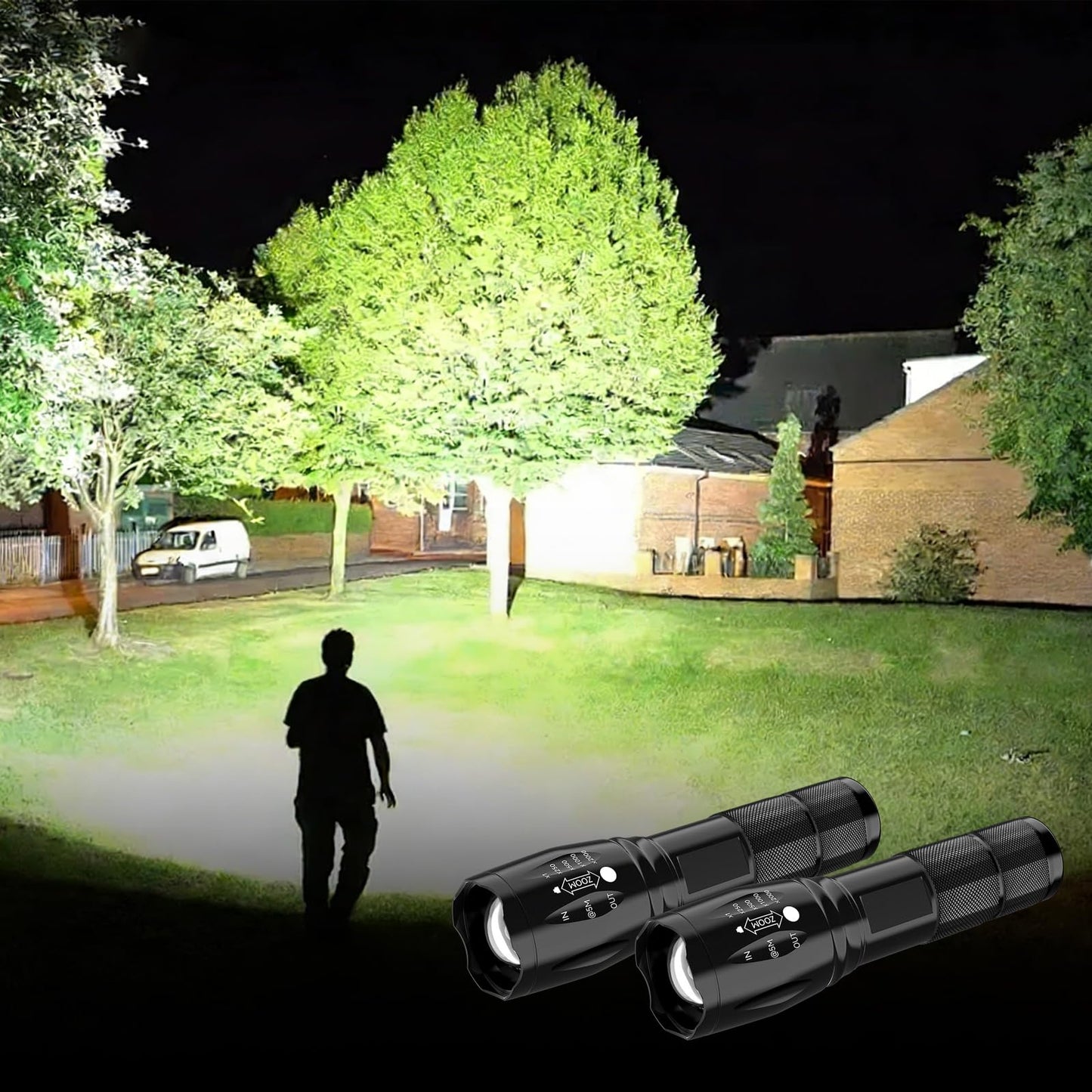 Pair of BESTSUN LED flashlights with black handles, featuring high lumens and five lighting modes for versatile handheld illumination.