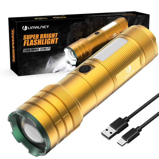 Limalnicy rechargeable flashlight with high lumens, long-lasting battery, four modes, and a durable handheld design.