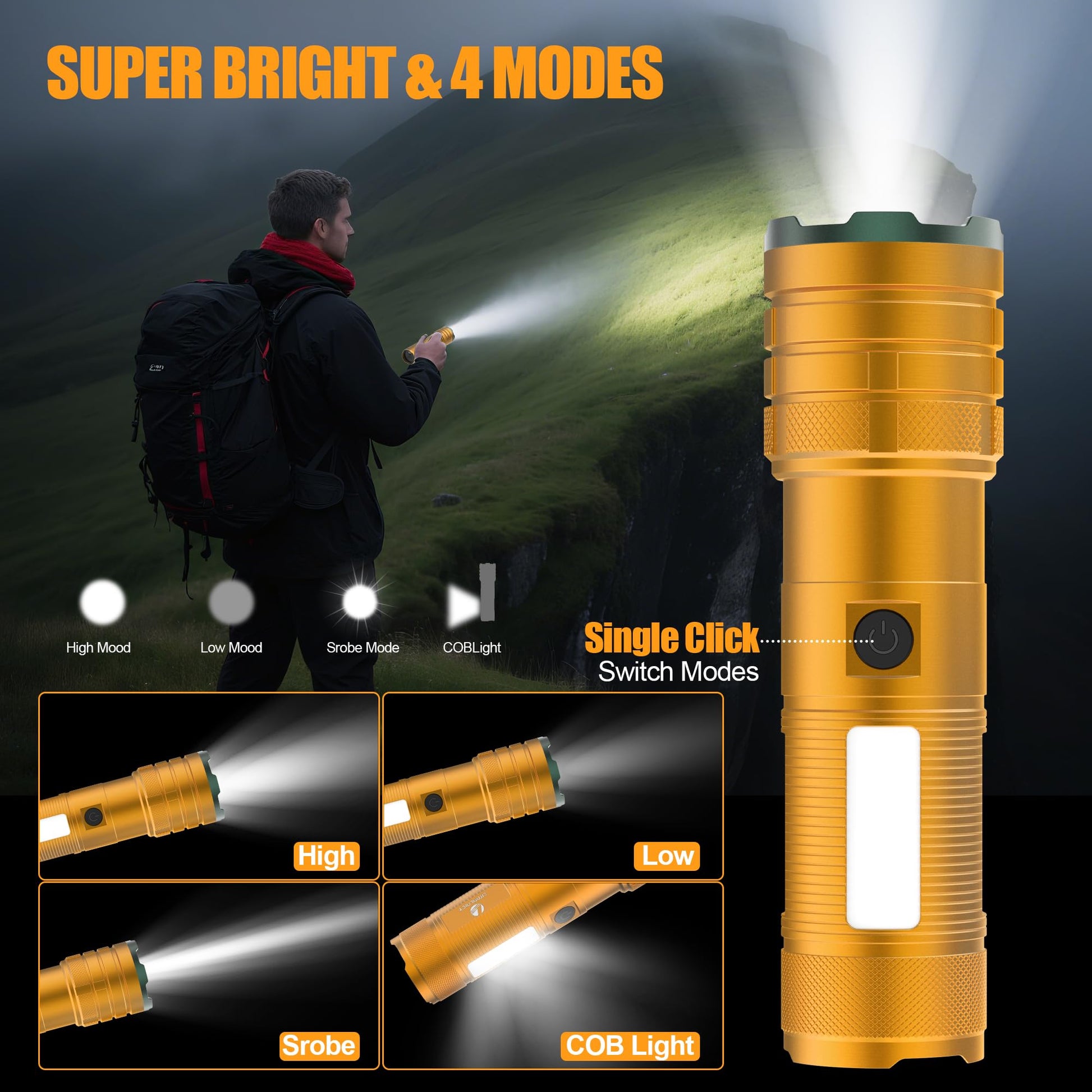 Limalnicy rechargeable flashlight with high lumens, long-lasting battery, four modes, and a durable design for outdoor use.