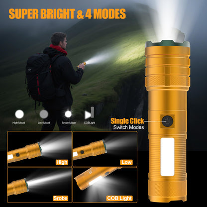 Limalnicy rechargeable flashlight with high lumens, long-lasting battery, four modes, and a durable design for outdoor use.