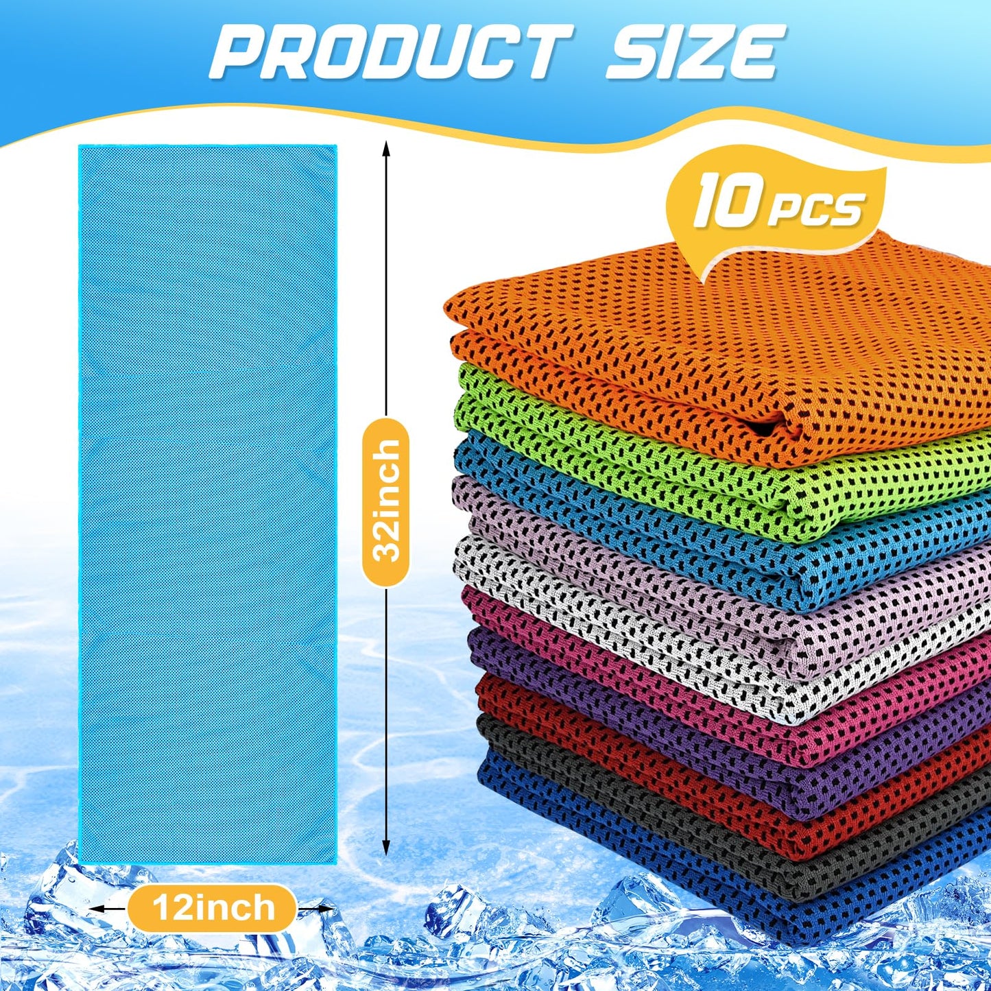 Set of 10 MENOLY cooling microfiber towels stacked, lightweight and soft for sports, travel, and outdoor activities.