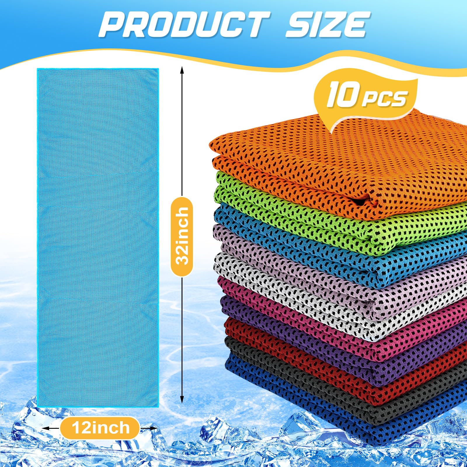 Set of 10 MENOLY cooling microfiber towels stacked, lightweight and soft for sports, travel, and outdoor activities.
