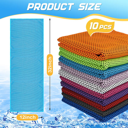 Set of 10 MENOLY cooling microfiber towels stacked, lightweight and soft for sports, travel, and outdoor activities.