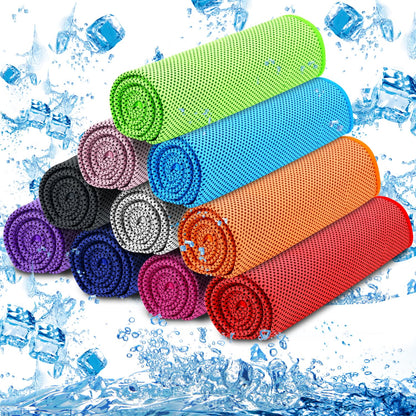 Set of 10 MENOLY cooling microfiber towels displayed folded in a bundle, soft and lightweight for cooling and athletic use.