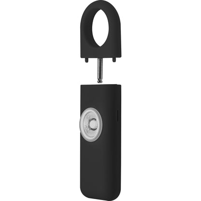Black personal emergency alarm by Safety Technology, compact device designed for elderly, children, and students to ensure safety.