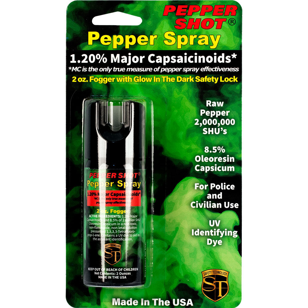Safety Technology 2-ounce pepper spray fogger with compact design and safety lock for self-defense protection.