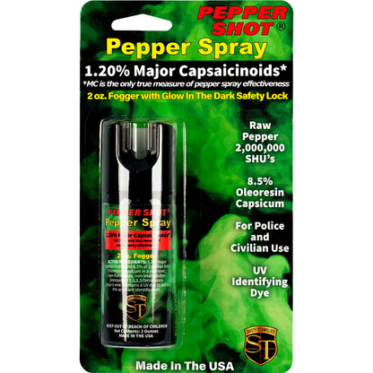 Safety Technology 2-ounce pepper spray fogger with compact design and safety lock for self-defense protection.