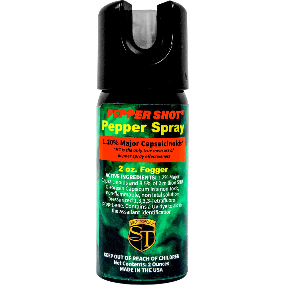 Safety Technology 2-ounce pepper spray fogger with compact design and safety lock for personal protection.