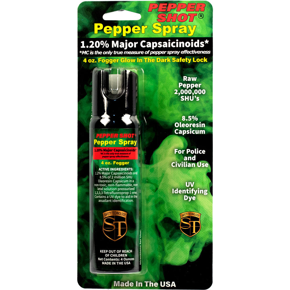 Safety Technology 4-ounce pepper spray fogger with black canister and adjustable nozzle for self-defense.