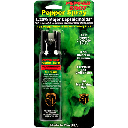 Safety Technology 4-ounce pepper spray fogger with black canister and adjustable nozzle for self-defense.