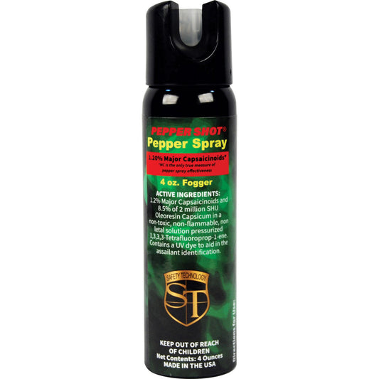 Safety Technology 4-ounce pepper spray fogger showing the compact canister and safety nozzle for self-defense.