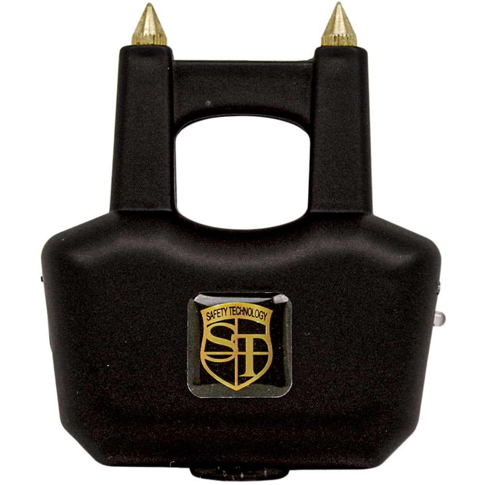 Black Spike Stun Gun by Safety Technology featuring a compact design and safety features for self-defense.