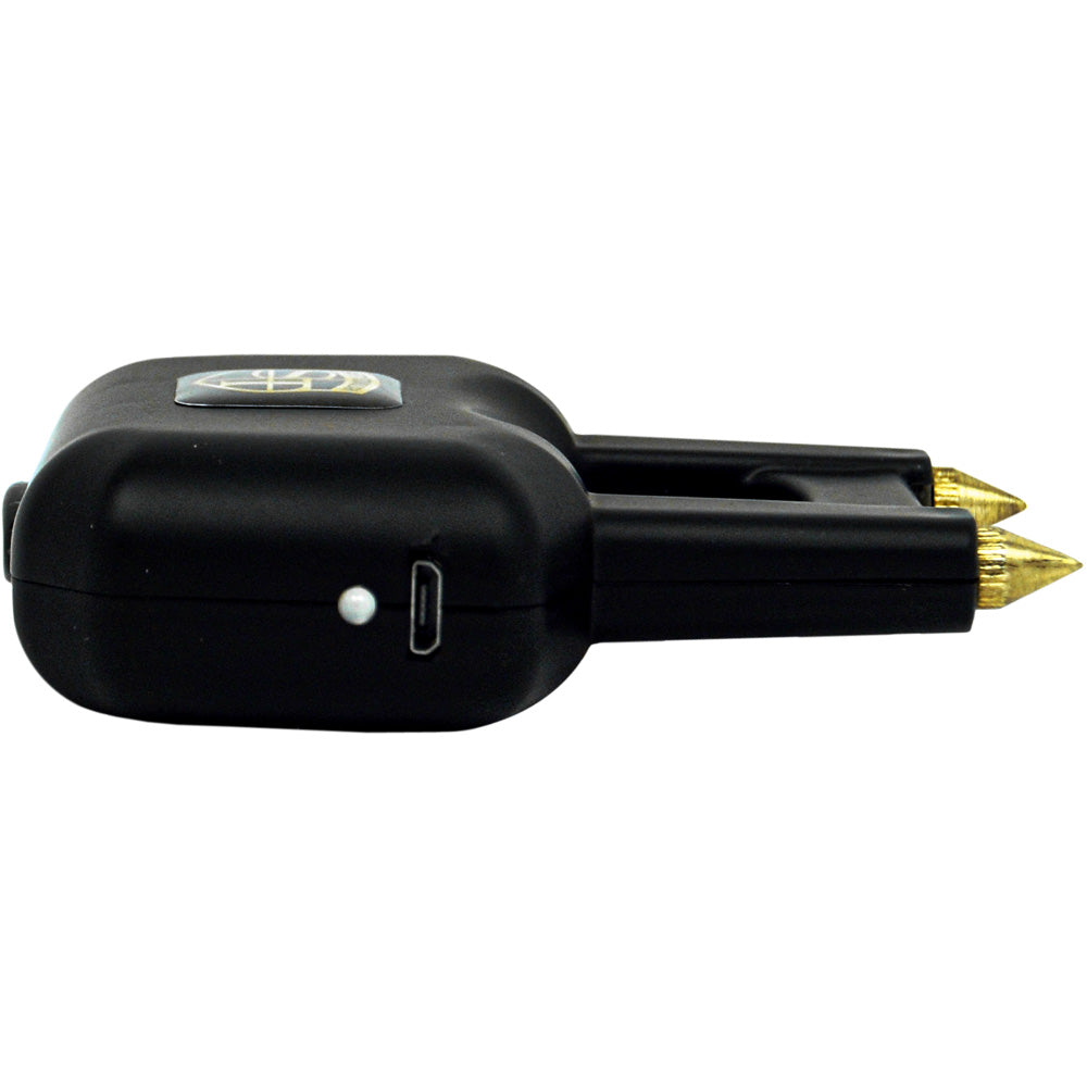 Black Safety Technology Spike Stun Gun with pointed metal spikes and compact design for self-defense.