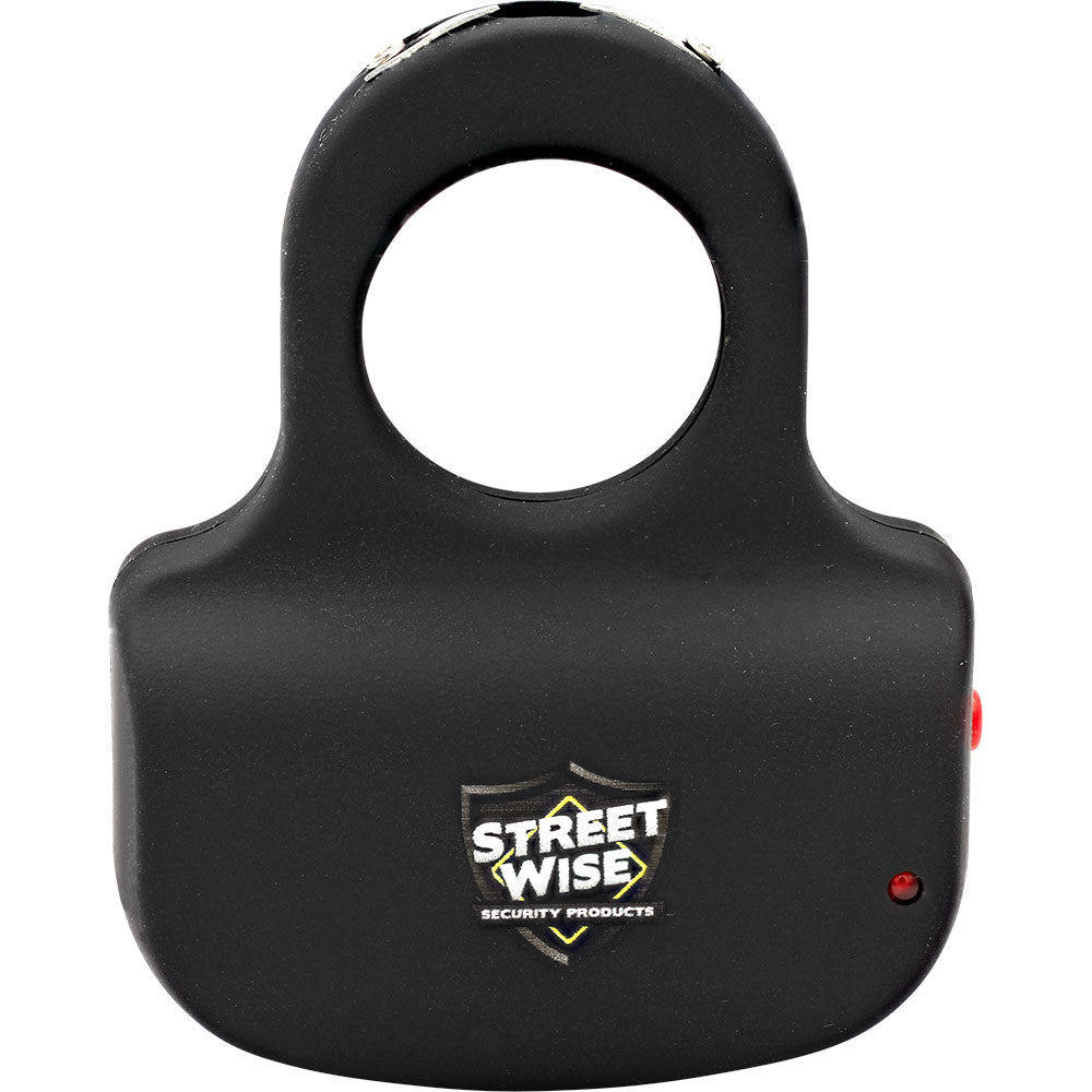 Black Streetwise Sting Ring stun gun with compact design and safety switch, ideal for personal self-defense.