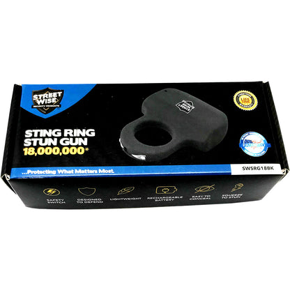 Black Streetwise Sting Ring stun gun with compact design and safety features, worn as a ring for discreet personal protection.